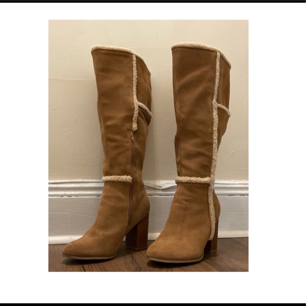Camel Suede Faux Fur Trim Heeled Boots Size 11w